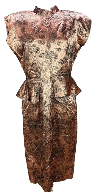 Vintage Peplum Party Dress Womens Size 16 Metallic Rose Gold Floral Cocktail USA