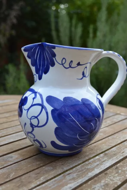 VINTAGE PORTUGUESE hand painted blue and white floral pottery jug