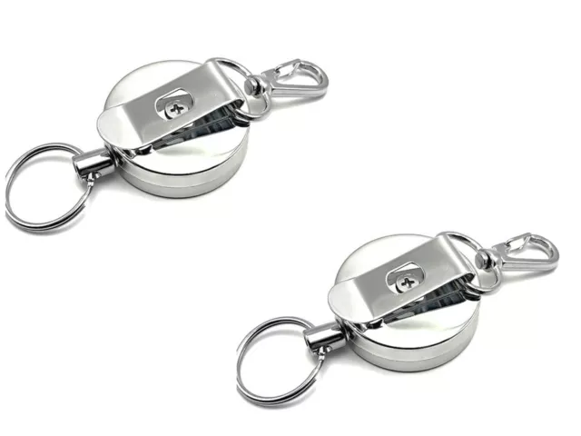 2 x Stainless Steel Retractable Key Chain Recoil Keyring Steel Cord Wire