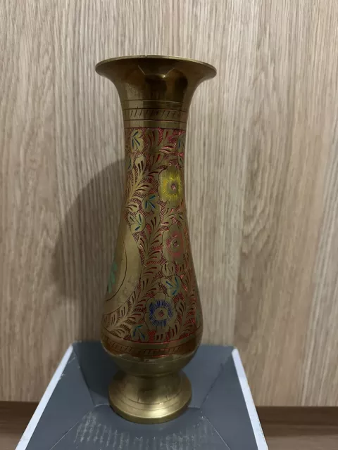 Vintage Brass Embossed  Etched Vase With Red And Green 2