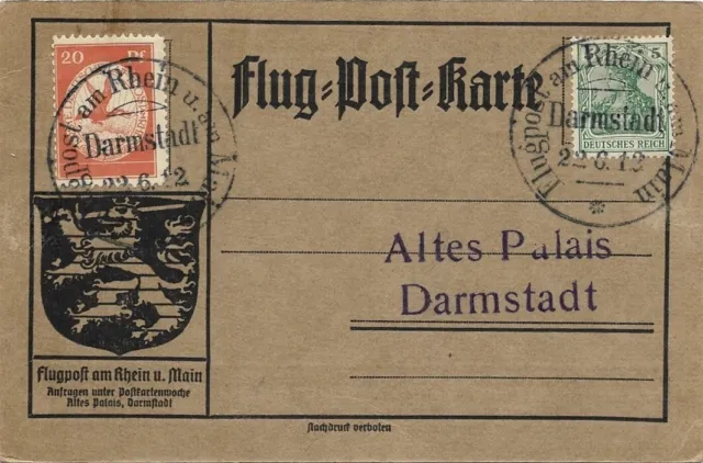 DT.REICH FLUGPOST RHEIN-MAIN 1912, 20 Pfg. auf Karte DARMSTADT Mi. II, 100 Euro