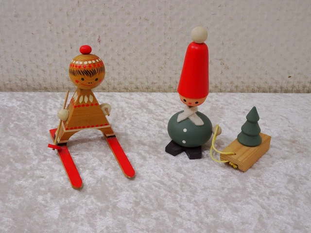 2X Madera Diseño Invierno Figuras Schlitten- Y Esquiador-Vintage-Erzgebirge