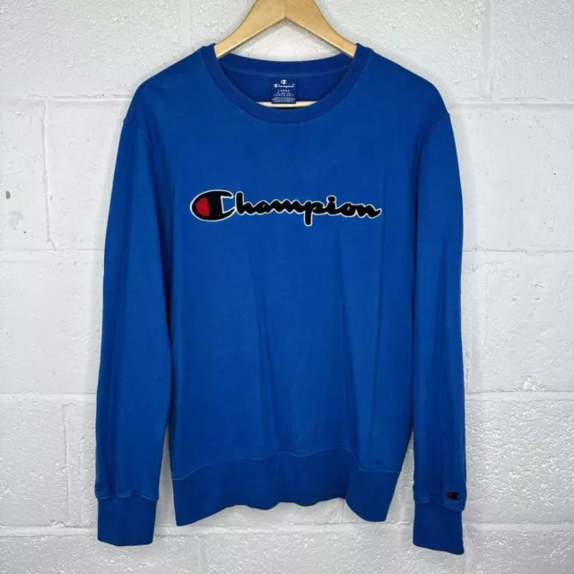 Champion Large Logo Blue Crew Neck Jumper Size L