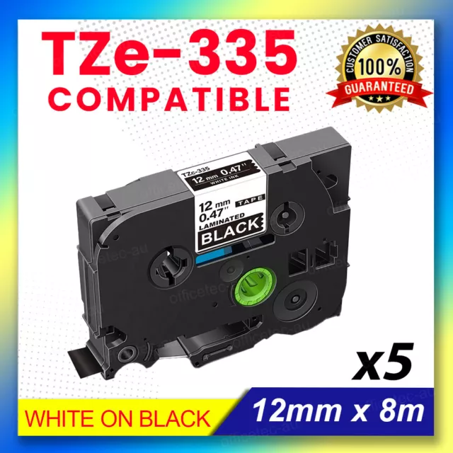 5 x TZ-335 Compatible for Brother P-Touch TZe-335 Label Maker Tape BLACK 12mm