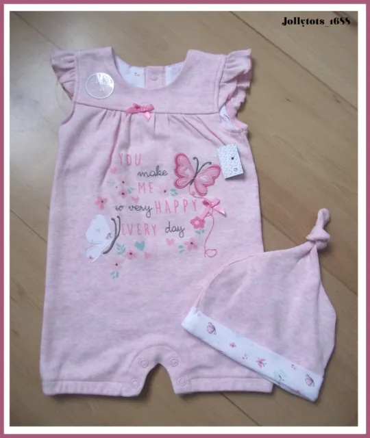 PRIMARK Baby Girls Pink Romper Suit & Hat Set 2 Piece Summer Outfit BNWT