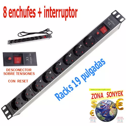 REGLETA 8 ENCHUFES con INTERRUPTOR para RACK 19 pulgadas. Incluye tornilleria.