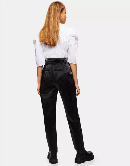 Topshop Black Faux Suede Snake Print Pleated Tapered Leg Trouser Pants, US 12 3