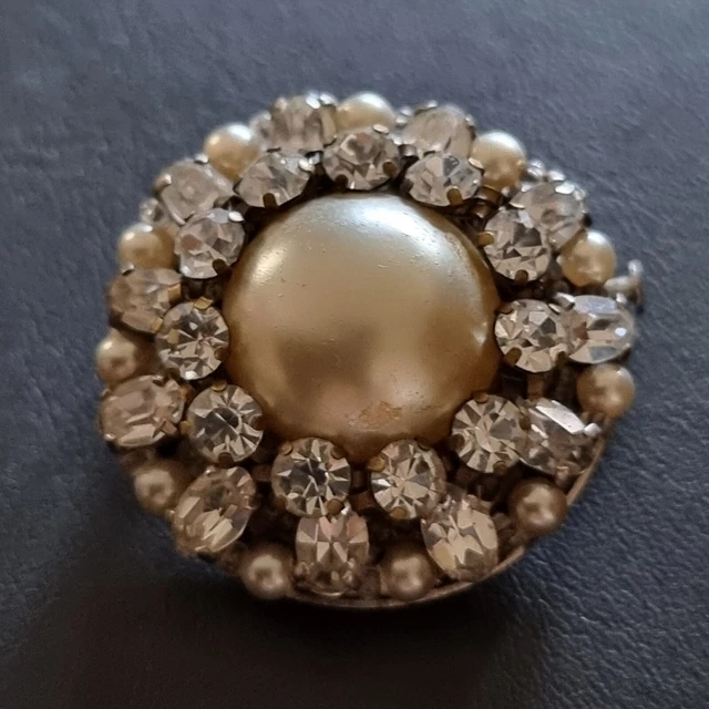 Broche Vintage En Or Avec Cristaux Aigue-marine & Perles - Bijou Ancien Rare Ref 1610