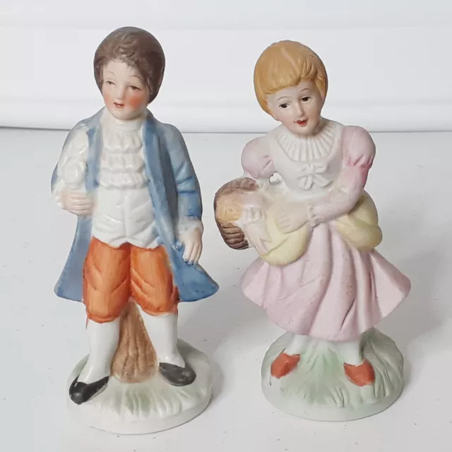 Young Blue Boy Pink Girl Figurines Hand Painted Porcelain Vintage