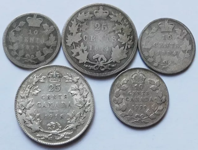5 Canada Silver coins, 1871, 1894, 1929 10 Cents + 1874, 1918 25 Cents, Canadian