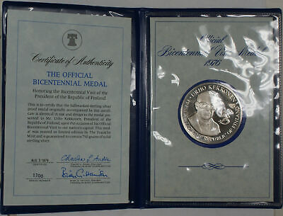 1976 Official Bicentennial Visit of Finland Silver Proof Medal Franklin Mint COA