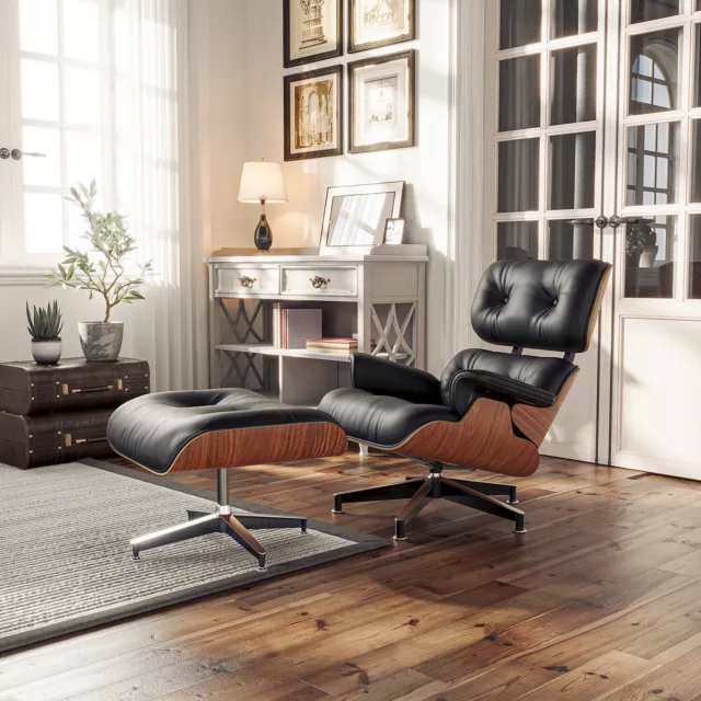 Sillón clásico Eames Lounge Chairs y otomano de cuero auténtico silla giratoria sofás