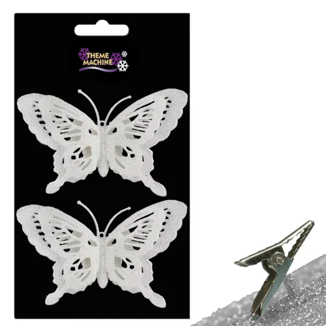 Christmas 2 Pack Clip on Glitter Butterfly Tree Decoration - White