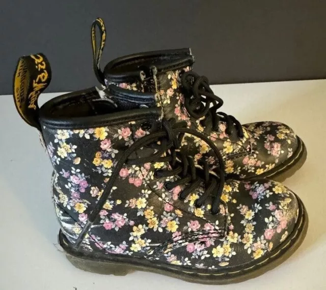 Dr Martens DELANEY Floral Print Leather Ankle Boots -Zip & Lace-Size Girls 8