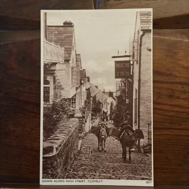 Clovelly High Street Devon Donkeys Antique RP Postcard