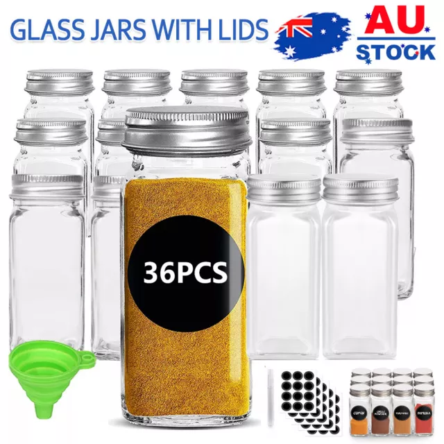 Upto 36x Clear Square Glass Jars Lid Spice Herb Seasoning Condiment Storage AU