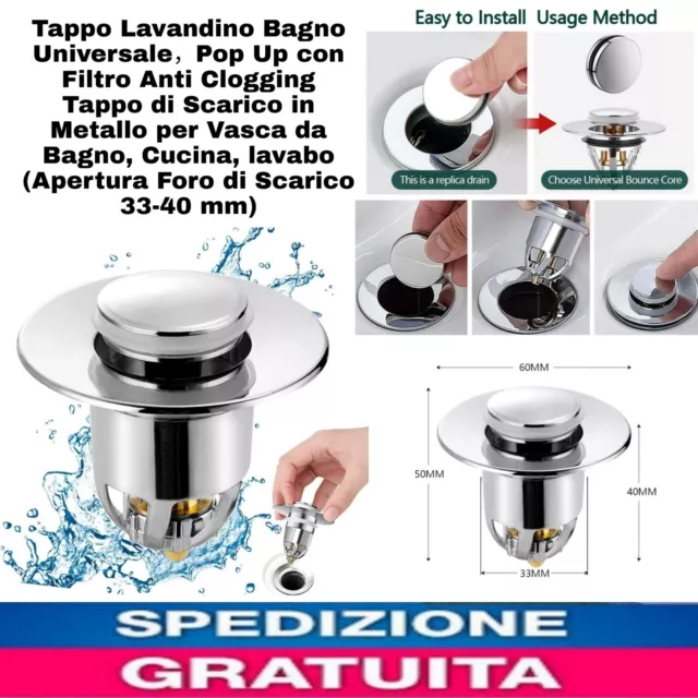 Tappo Lavandino Bagno Pop Up 38mm Tappo di Scarico a Pulsante x Bagni E  Cucina