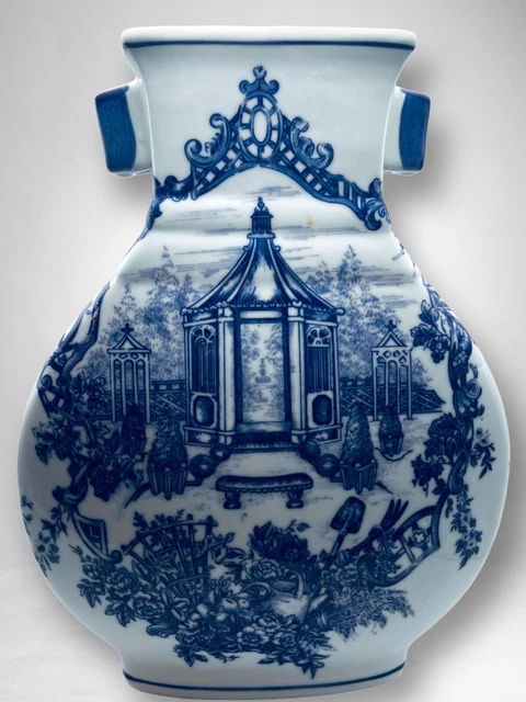 Blue & White Baum Brothers Ceramic Vase 12" Garden Motif Detailed Hand-painted