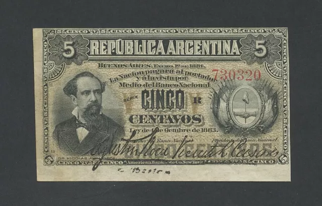 ARGENTINA 5 centavos 1884 Krause 5 About EF Banknotes