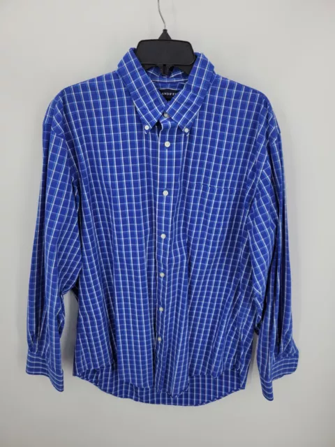 Lands End Shirt Mens 17-34 Blue Plaid Long Sleeve Button Up Woven Cotton Casual