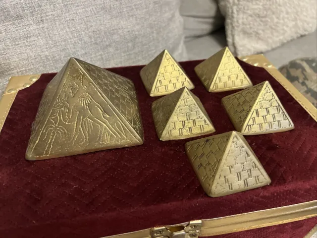 Antique Art Deco Egyptian Revival Brass Pyramid Paperweights Set of 6- 1920s