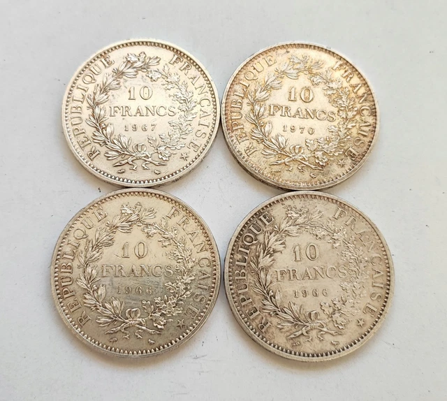 Lot De Quatre Pieces De 10 Francs Hercule En Argent 1966/67/70