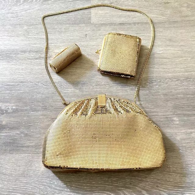 VTG WHITING & DAVIS Gold Tone Mesh Evening Bag Purse Set Wallet Lipstick Case