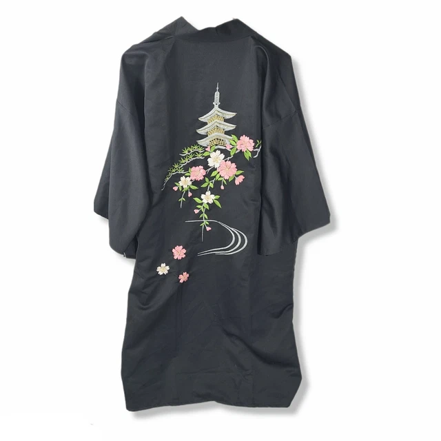 NWOT 42" Ichi Ban Authentic Japanese Women Kimono Robe Yukata Black Pink Floral