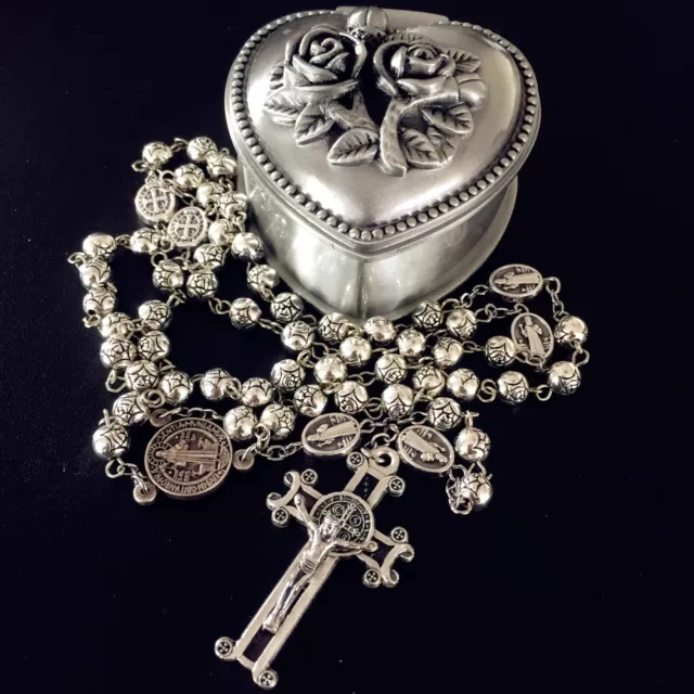 Rose beads  St.Benedict  Rosary & Italy Crucifix Cross medal catholic necklace