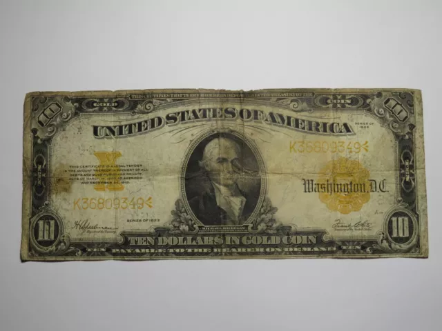 $10 1922 Gold Certificate Large Bank Note Bill Gold Seal Ten Dollars Good