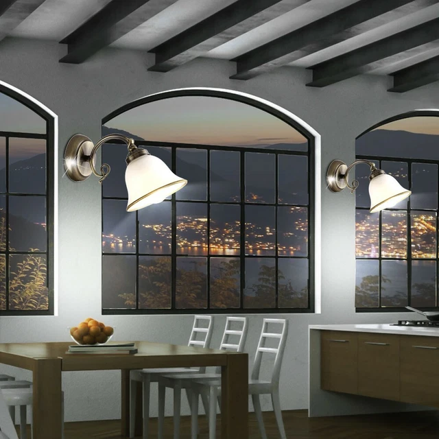 2er Set Parete Lampade Soggiorno Vecchio Ottone Luci Vetro Illuminazione Antico