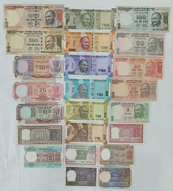 INDIA, 23 Pcs Set of All Different Old & New Pattern Issues Banknotes In UNC