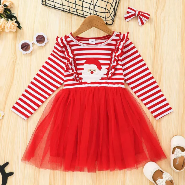Toddler Baby Girls Long Sleeve Stripe Christmas Santa Party Tulle Princess Dress