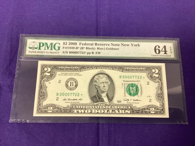 UNITED STATES 2009 $2, New York. FR#: 1939-B* (STAR NOTE). PMG Graded: 64 EPQ