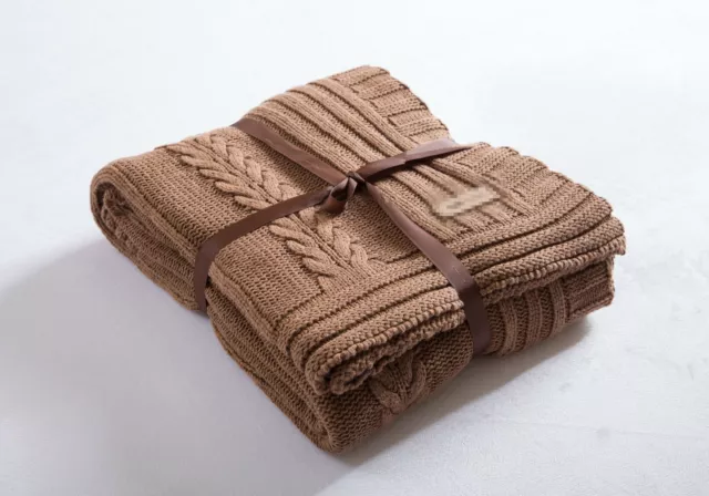 Super Soft Chunky Knit Blanket Brown Bedspread Throw Boho bedding