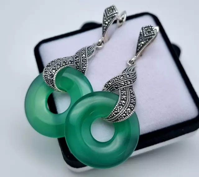 Natural Jadeite Jade and Marcasite gems Earrings, sterling silver 925