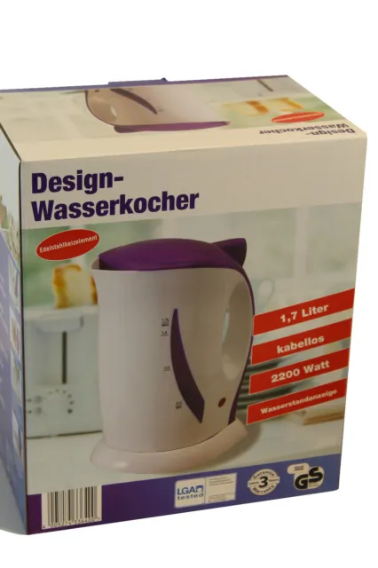 Wasserkocher in den Farben Weiss/ Flieder , 1,7 Liter kabellos 2200 Watt 3