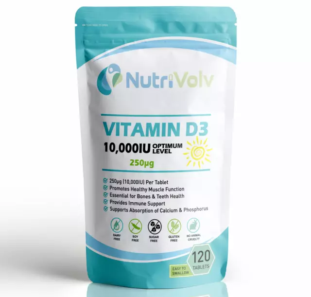 Vitamin D3 10000IU -  120 Tablets - High Strength Immune and Bone Support 250µg