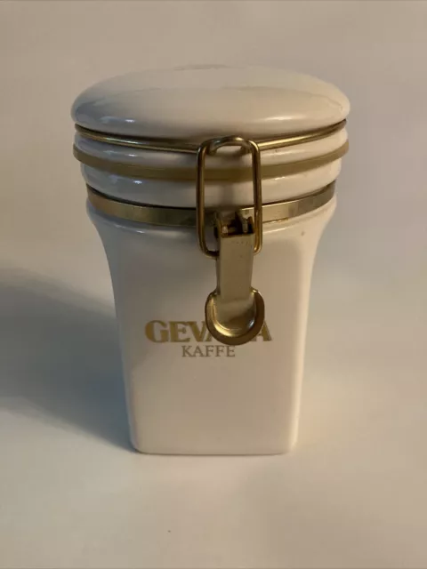 Gevalia Kaffe Canister Storage Jar White Ceramic Gold Toned Coffee Holder