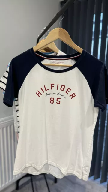 Tommy Hilfiger Shirt Womens Small White Blue Casual Top Short Sleeve