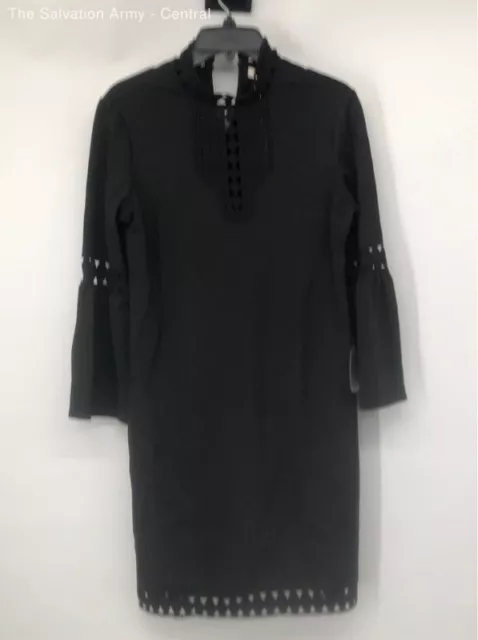 Max Studio Womens Black Bell Sleeve Mock Neck Crochet Shift Dress Size Medium