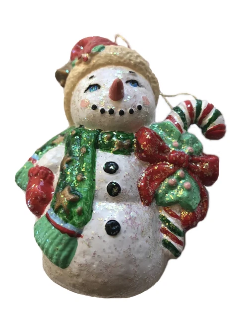Snowman Christmas Tree Ornament 4” Sparkle Glitter Candy Cane Vintage