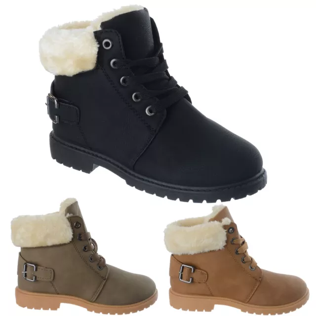 Childrens Girls Kids Lace Up Faux Fur Lined Warm Combat Ankle Boots Shoes Size