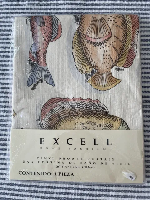 vtg EXCELL Home Fashions Vinyl Shower Curtain 70x72” FISH theme neutrals