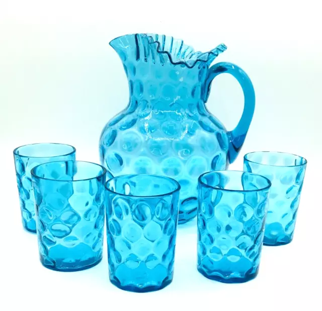 Fenton Glass Hand Blown Blue Optic Inverted Coin Dot Pitcher 5 Matching Glasses