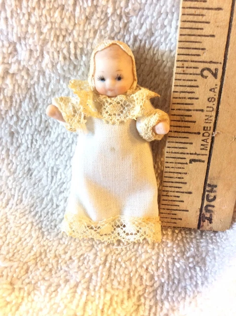 VTG Bisque Porcelain Movable Arms and Legs Miniature Baby Doll  W/ Handmade Gown