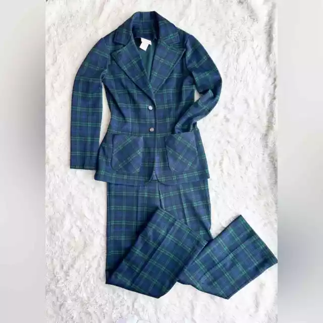 Vintage 70’s Cos Cob Blue Green Plaid Polyester Set