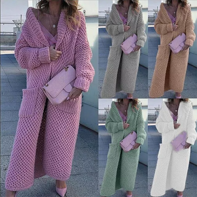 Damen Strickjacke Langarm Cardigan mit Kapuzen Lange Mantel Täglich Outwear Frau