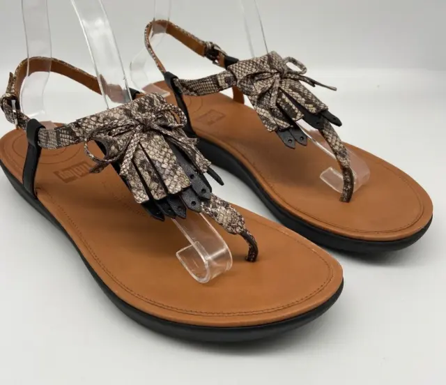 Fitflop Sandals Womens Sz 9 Tia Fringe Thong Snakeskin Taupe Shoes