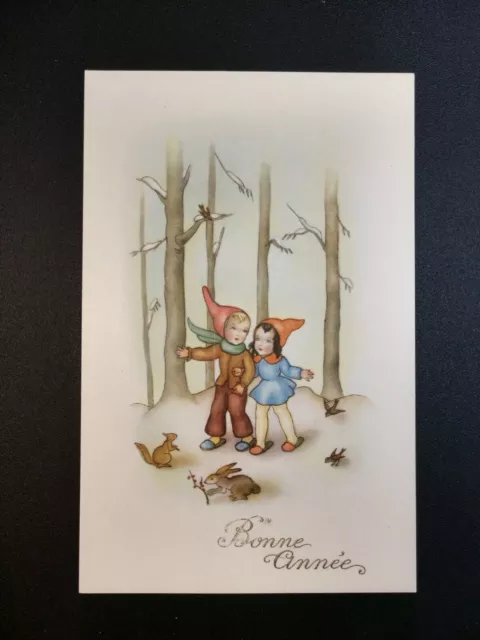 VTG BONNE ANNÉE French Postcard Boy Girl Winter Forest Animals Embossed Title